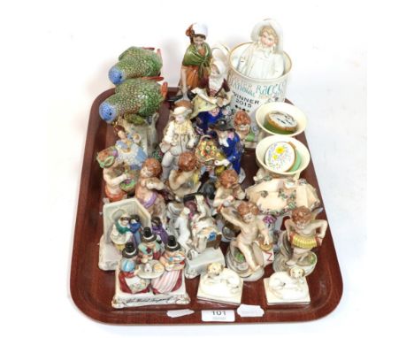 Two Halcyon days enamel circular boxes, three Victorian fairings, a pair of Sitzendorf porcelain figures, Naples and a pair o