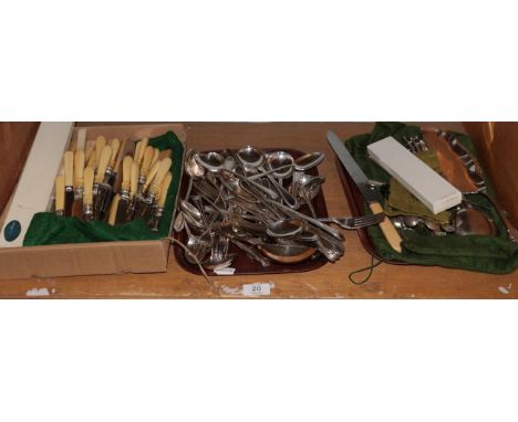 Three trays of assorted silver plate flatware, including; a part service of reeded Mappin &amp; Webb flatware and other items