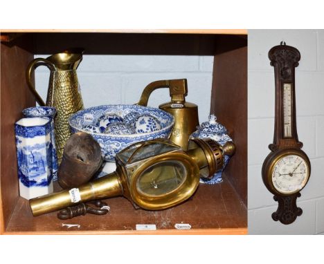 A brass carriage lamp, brass ships bell dated 1839, ceramic carpet boules, blue and white transfer printed ceramics, a bulls 