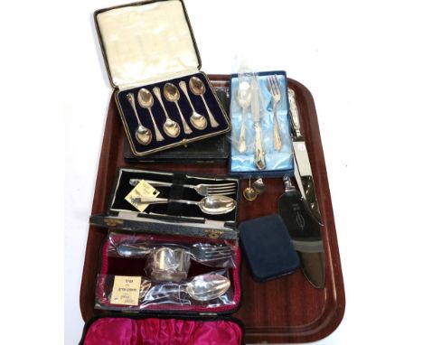 Five cased sets of flatware, comprising: two sets of cased coffee-spoons, a cased fork and spoon, another with a napkin ring 