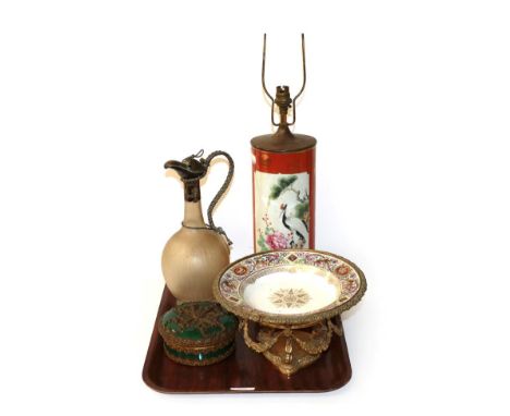 A white wine jug mounted with unusual ice aperture, Serves type pedestal bowl, Japanese table lamp converted 