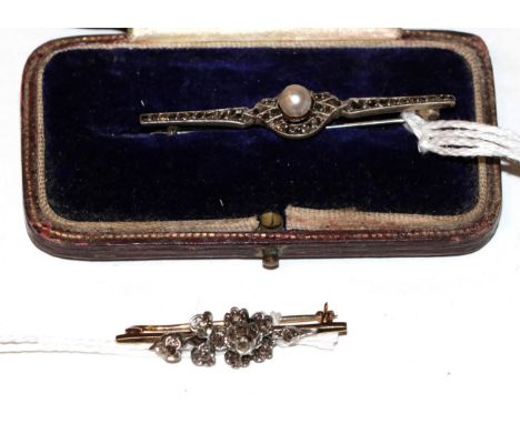 A graduated cultured pearl necklace, length 42cm; a padlock, stamped '9CT'; a diamond set bar brooch (later adapted); a marca