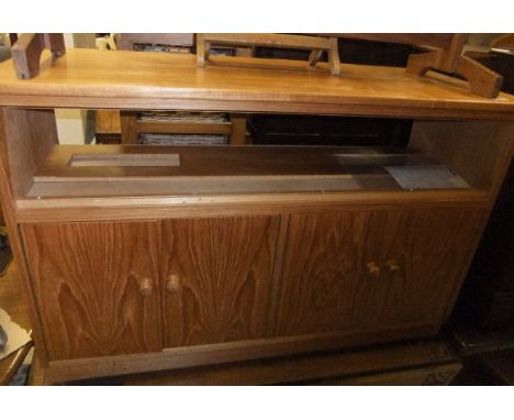 An ECC-DN Model teak record cabinet, a walnut veneered firescreen table and a towel rail