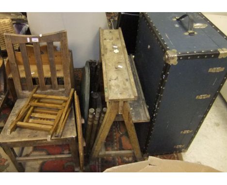 A 19th Century oak panel seated chair, pine open bookshelf, folding chair, inlaid octagonal table top, Benares table ,work tr