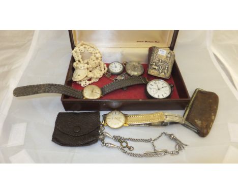 A box containing assorted pocket watches, tie pins, silver bound miniature prayer book, etc.