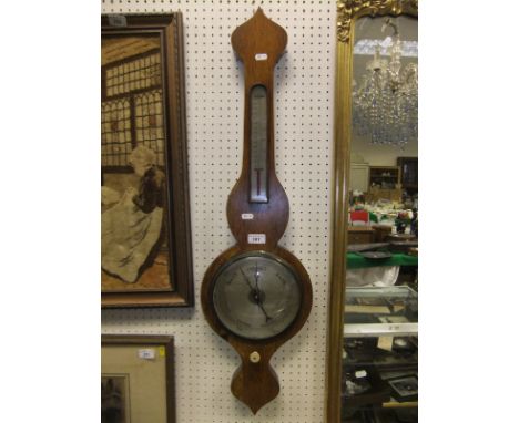A late 19th / early 20th Century faux oak (painted) banjo thermometer / barometer with silvered dial, bearing small triangula