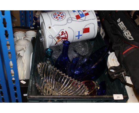 A box of assorted glassware to include punch bowl and cups, posy vases, etc, a nautical decorated ice bucket and two pottery 