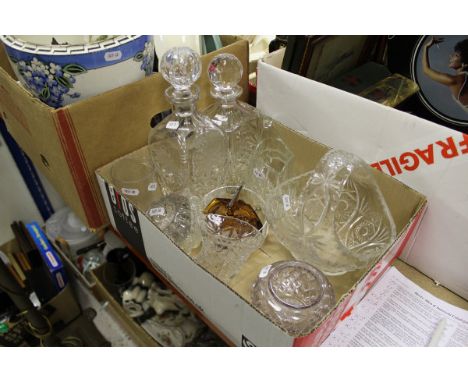 A box of assorted glassware to include decanters, basket, etc, two boxes of assorted china ware to include Poole, Sylvac shir