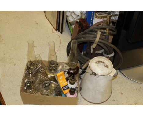 A box containing assorted oil lamps, chimneys, etc, together with an oak stationery box and a box of assorted household items