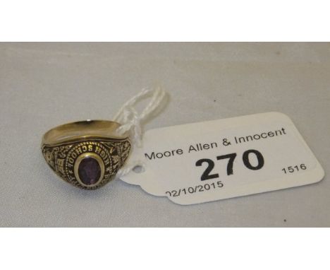 A 10 carat gold American College ring, set with purple stone bearing inscription "Ponca City High School", dated 1969, bearin