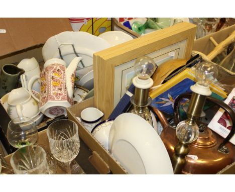 Two boxes of assorted china wares to include a mantel clock and a copper kettle, together with a box of assorted glassware