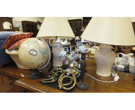 A pair of cream baluster shaped table lamp bases and shades, a wirework candelabra decorated with grapes, a pair of 19th Cent