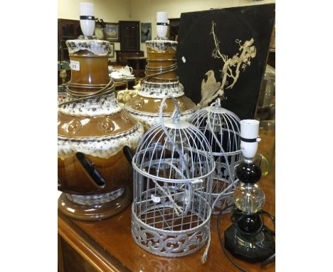 A pair of West German pottery table lamp bases, a pair of decorative light fittings in the form of bird cages, and a small ba