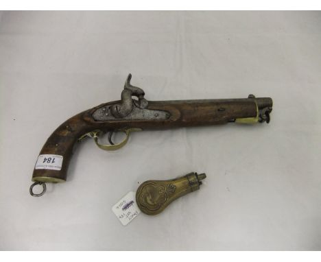 A reproduction Victorian military hammer action pistol, the metalwork with various engravings, the walnut stock with brass fi