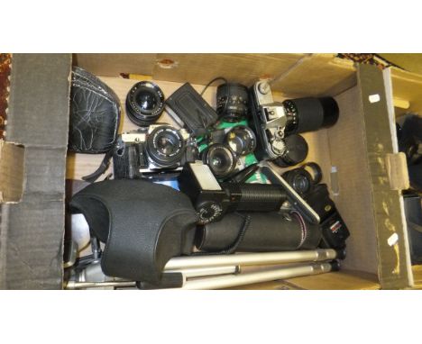 Various camera equipment to include an Olympus COM 30 camera, a Canon 421151 camera, together with various lenses and ephemer
