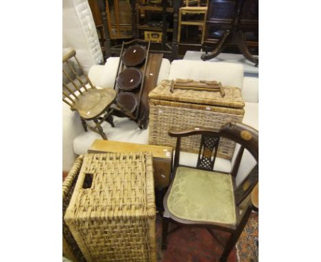 An Edwardian mahogany and inlaid corner chair, a child's stick back chair, mahogany and inlaid fire screen, drop-leaf Sutherl