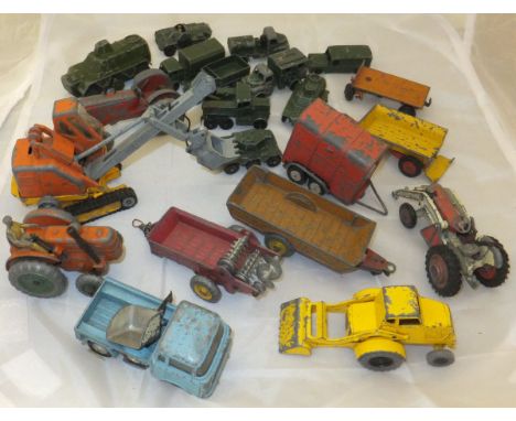 A box of various play worn toy vehicles including Corgi Major Priestman Digger, Corgi Jeep FC150, Dinky Toys Massey Harris Ma