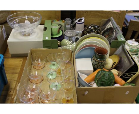 Three boxes of various glassware and china including sundae dishes, wine glasses, various plates, vase, pottery fruit and veg