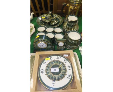 A collection of Jersey pottery, green ground and gilt decorated china wares including coffee cups and saucers, cafetiere, bow