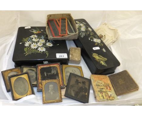 A lacquered glove box with floral decoration to top, bearing label inscribed "W.E. Welton Stationery & Fancy Stores, 28 Prosp