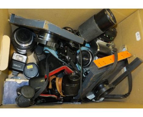 Various camera equipment to include a Canon AV-1 camera, an Olympus OM2 camera, various lenses, binoculars, etc