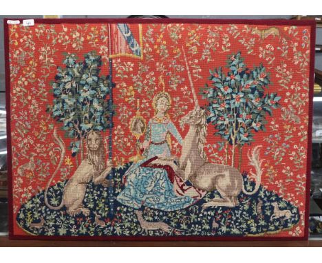 Large vintage needle point tapestry wall hanging of the Lady and the Unicorn - Approx size 76cm x 107cm 