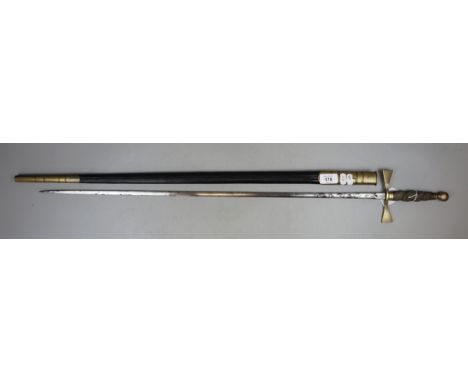 Victorian Masonic sword with shagreen and brass handle, and indistinct etching to blade. Incorrect scabbard 