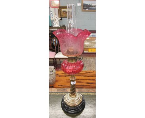 Victorian oil lamp with etched shade 