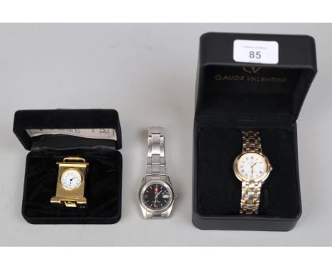 3 working Quartz watches - 1 boxed miniature carriage clock (as new), 1 Swiss Army watch and 1 boxed Claude Valentini (as new