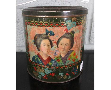Vintage Oriental style tea caddy containing the original contents of 1lb of tea leaves 