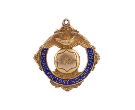 PASSAIC FACTORY SOCCER LEAGUE CHAMPIONS GOLD PLATED MEDAL 1923/24,awarded to D. Morris of Manhattan Print F.C., the obverse w