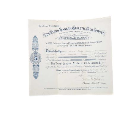 THE THIRD LANARK ATHLETIC CLUB LIMITED - SHARE CERTIFICATE,numbered 728, 'to Certify that Herbert George Henderson Esq. ... i