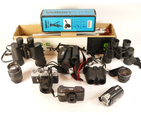 A collection of cameras, camera accessories and binoculars, to include a Zenit SLR film camera, and a Federal Tripod, housed 