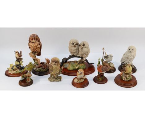 A selection of ten ceramic bird sculptures, to include Border Fine Arts 'Double Tawny Owlets' Country Artists 'Tawny Owls' Le