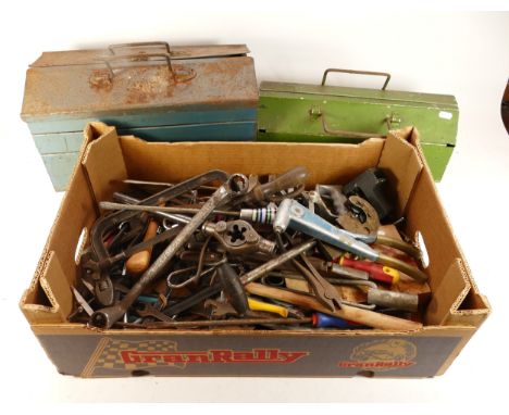 A collection of engineers tools, to include, adjustable spanners, a pipe cutter and a grease gun.