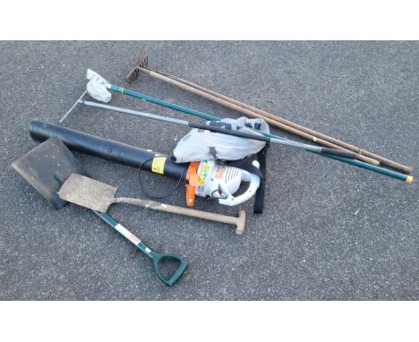 Stihl SHE 71 240v leaf blower with collection bag, also a collection of hand tools to include a spade, shovel, rakes, hoe and