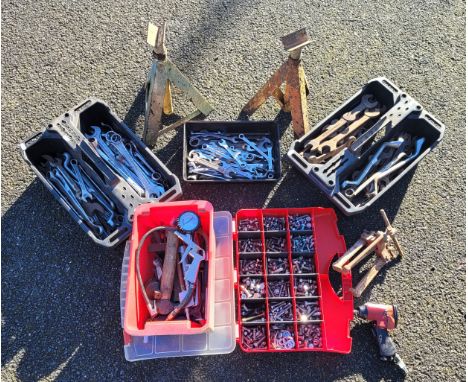 A large collection of hand tools, to include axle stands, over 200 metric Whitworth and AF spanners, a box of stainless steel