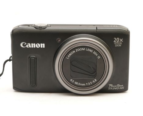 A Canon Powershot SX240 HS compact digital camera, in matte black.