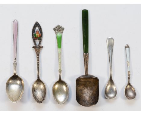 A silver and enamel coffee spoon, Birmingham 1934, damage to the enamel, together with a sterling silver sugar scoop with an 