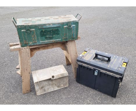 A metal military mortar box dated 1953 66cm (L) x 24cm (H) x 24cm (D), a DeWalt plastic tool box 54cm (W) x 36cm (D) x 41cm (