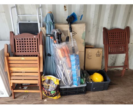 A large quantity of garden furniture and home goods, to include four HTS platform steps, a green folding chair, three teak fo
