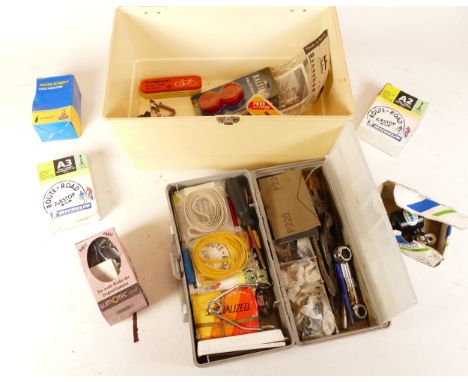 A collection of bicycle parts, tools, and a roof bar mounting carrier, housed in three boxes (3)