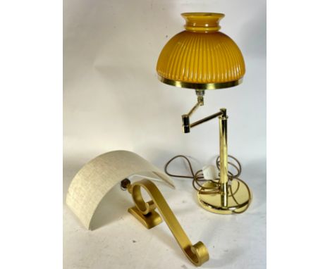 A brass column lamp with a swing arm and mustard yellow ribbed glass lamp shade, together with a modern wall light with a gre