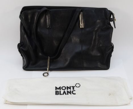 Mont Blanc. A used black leather soft laptop/briefcase bag. Insignia tag, trade mark to silver hardware, zip top, mobile phon