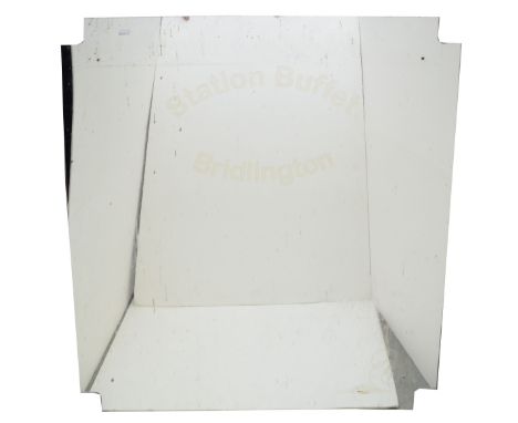 A rectangular mirror with 'Station Buffet Bridlington' lettering and rounded corners, 101 x 92cm.Provenance: Lot 79, Bridling