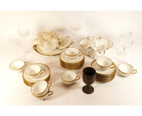 A Theodore Haviland Limoges part tea service, in a cream and gilt pattern, to include, two serving platters, one bowl, twelve