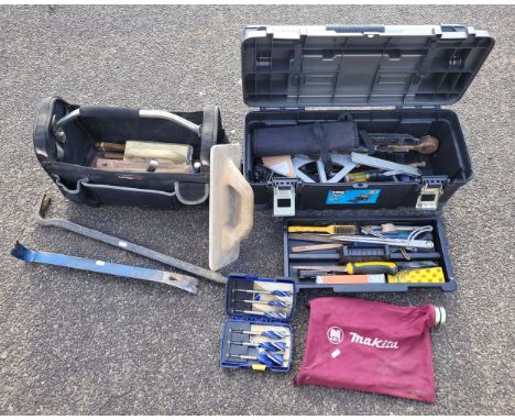 A MacAllister tool box containing a selection of carpentry hand tools,  a Forge Steel carry tool box containing a selection o