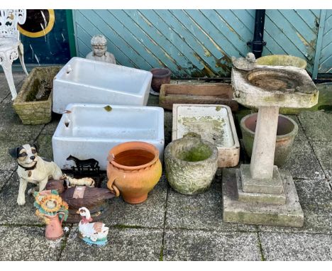 A selection of reconstituted stone garden planters, glazed pots and other wares, to include ceramic Belfast sinks, pedestal b