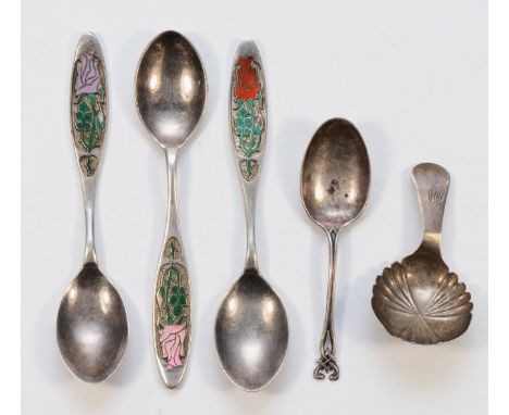 A set of three silver and enamel teaspoons, having 'year of the rose RNRS 1976' marked to the backs, Birmingham 1976, togethe