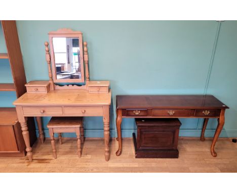 A modern waxed pine dressing table with stool, W100, D47, H145cm, together with a hall table, 122x40cm, and a mahogany commod